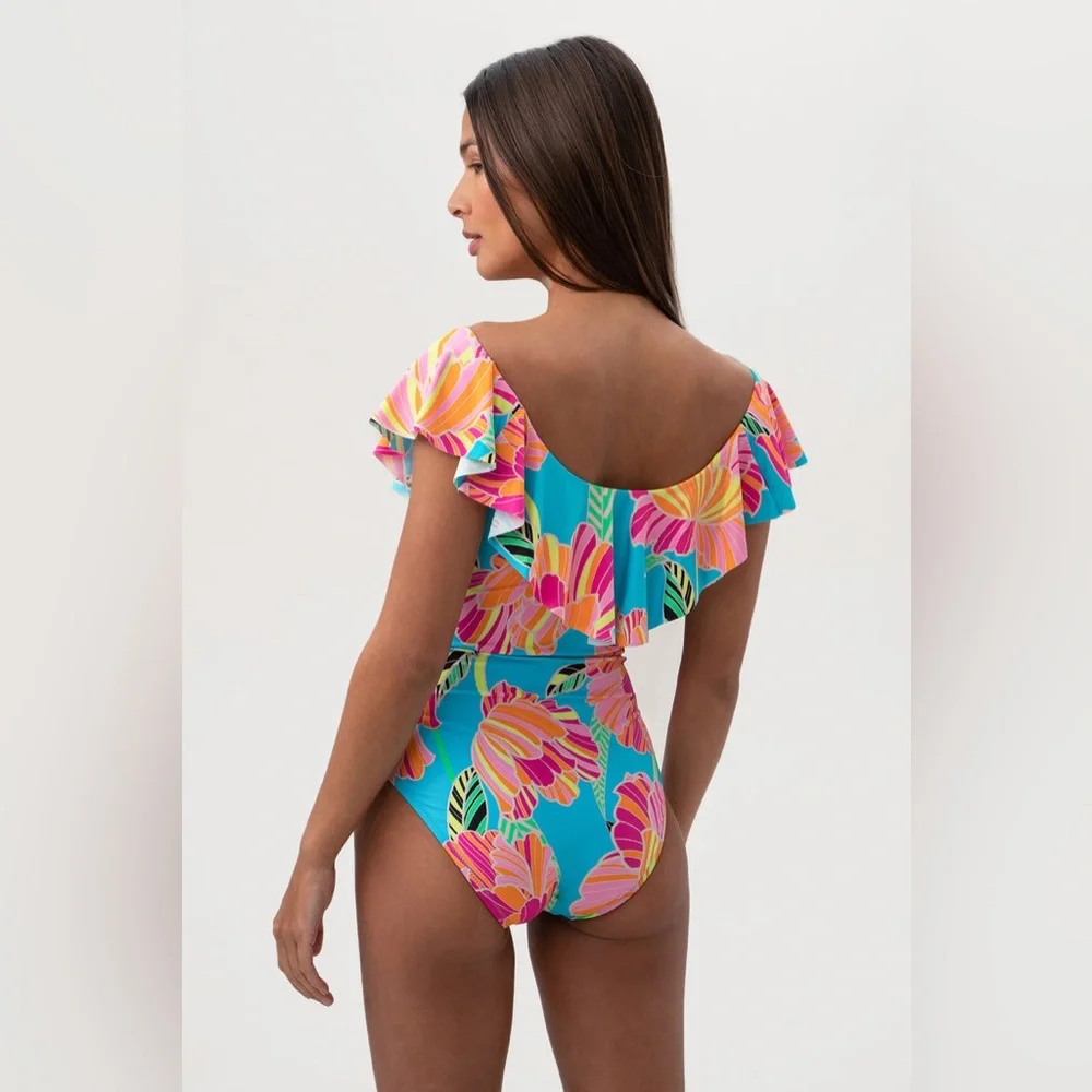 Trina Turk Womens POPPY OTS RUFFLE BANDEAU 1 Pc Swimsuit Off Shoulder Sz 10 - Picture 2 of 5